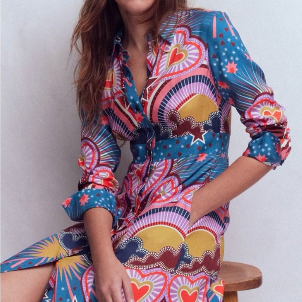 Boden Empire Hotches Shirt Dress in “Multi, Starburst Heart” print.